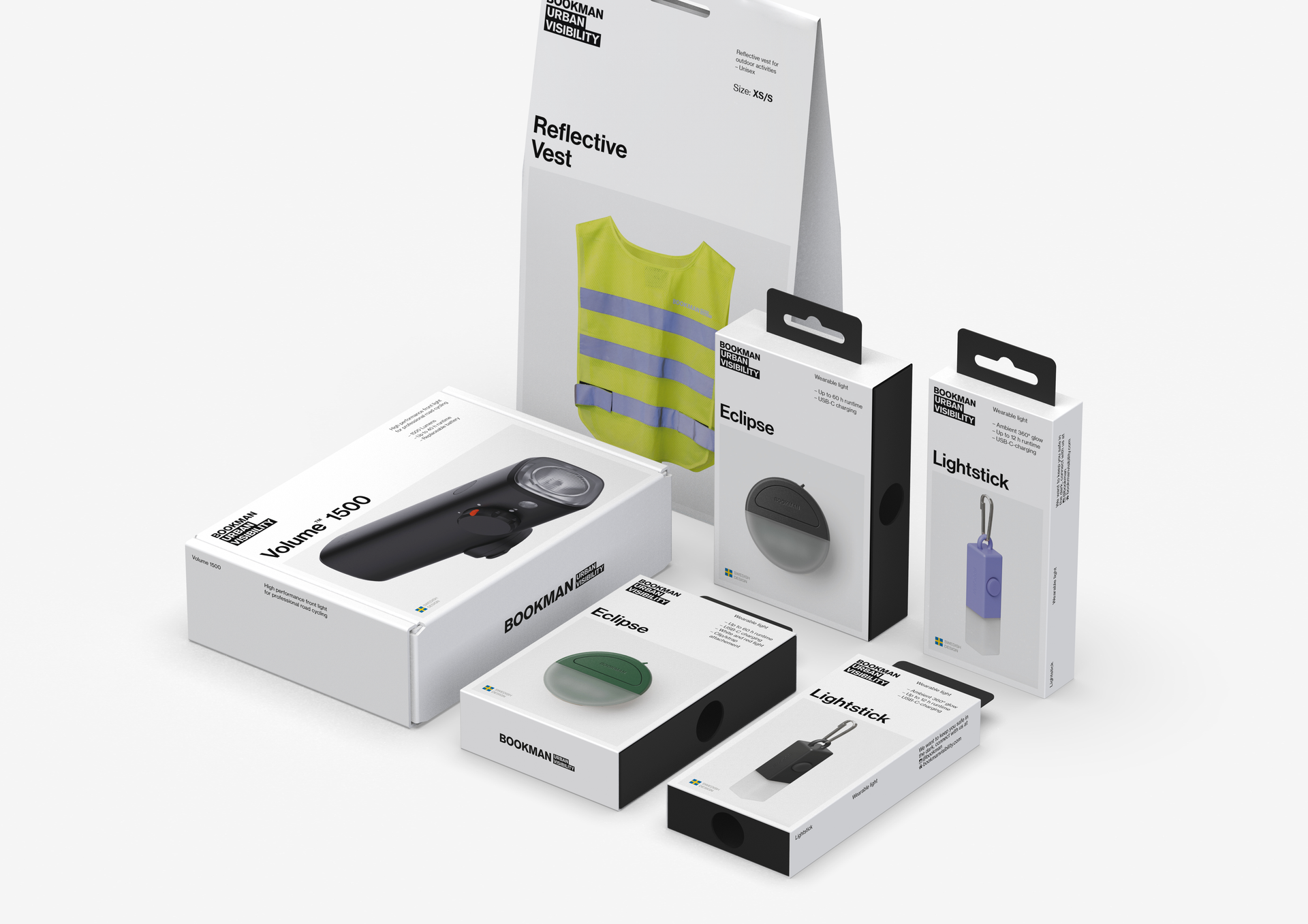 Bookman bike lights and reflective products collection in packaging