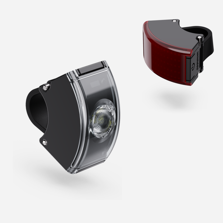 Curve front and rear bike light set angled view